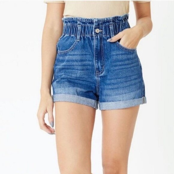 KanCan Pants - NWT KANCAN Ultra High Rise Paper Bag Shorts 100% Cotton Womens Size L Blue Denim